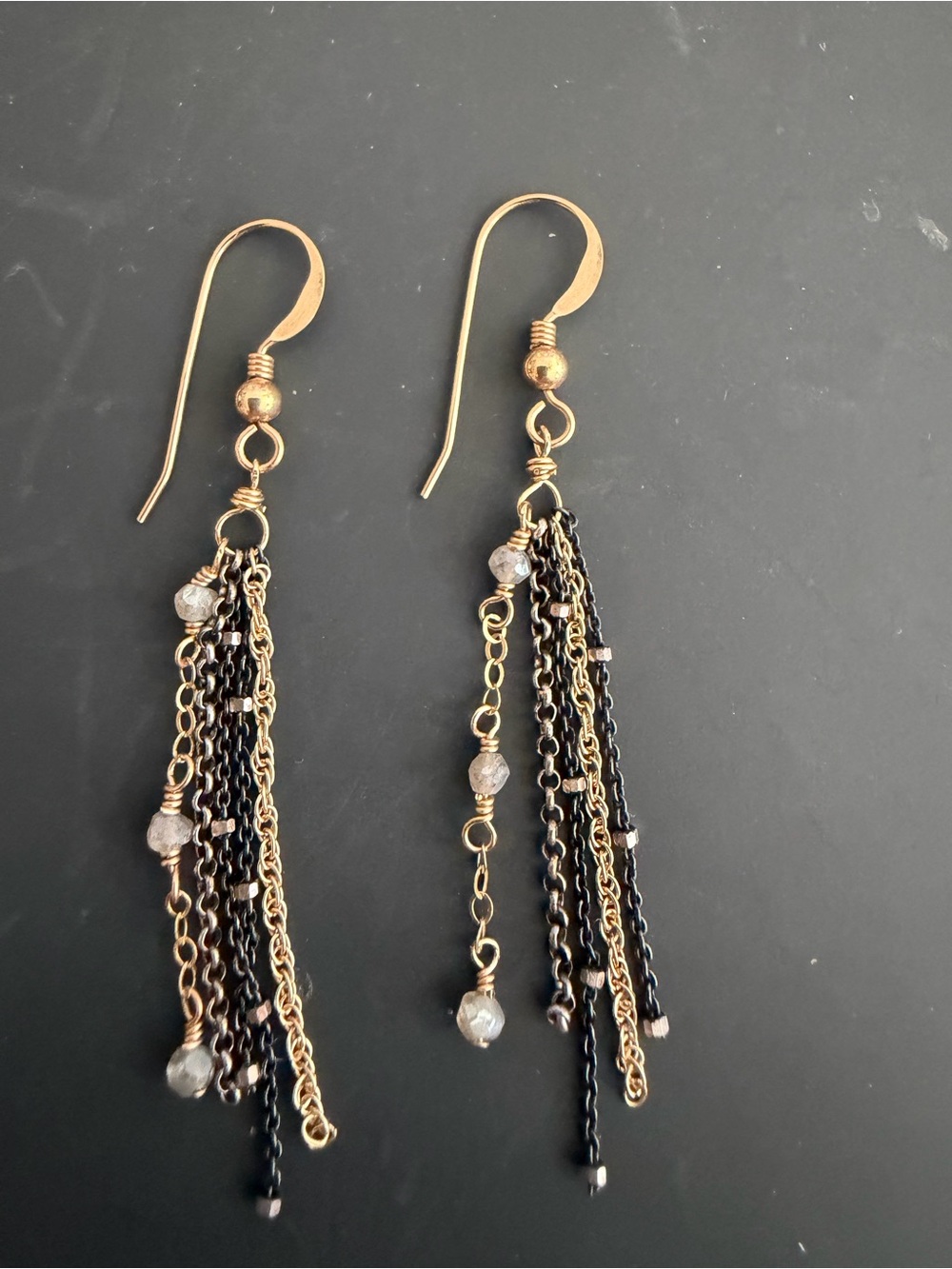 Gold and Black Multi-Chain Tassel Drop Earrings - Unbranded